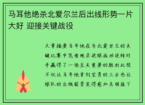马耳他绝杀北爱尔兰后出线形势一片大好 迎接关键战役